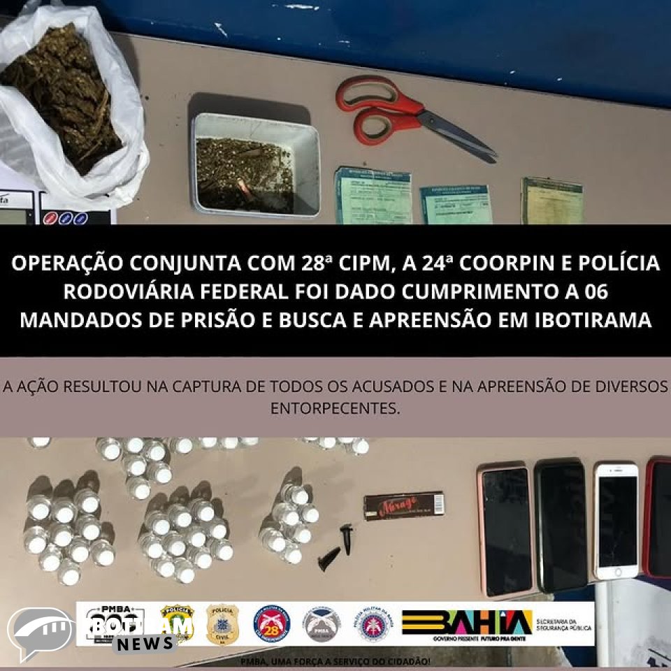 Operação conjunta com 28ª CIPM, 85ª CIPM A 24ª COORPIN e Polícia Rodoviaria Federal foi dado cumprimento a 06 mandados de prisão e busca e apreensão...