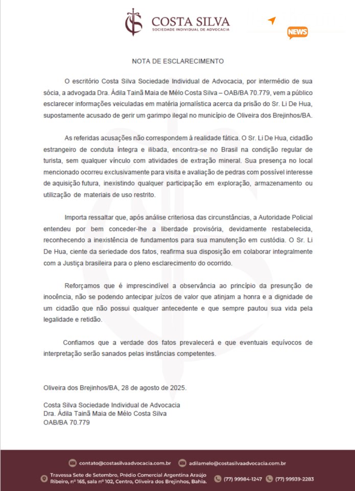OLIVEIRA DOS BREJINHOS: DEFESA DE CHINÊS ACUSADO DE GERIR GARIMPO ILEGAL DIVULGA NOTA DE ESCLARECIMENTO
