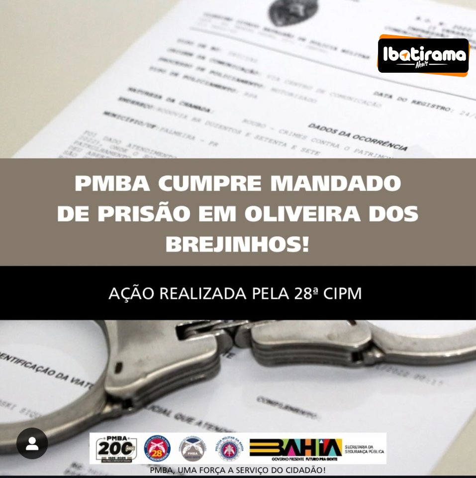 Na tarde desta terça-feira (14/10), por volta das 15h30, policiais militares da 28ª CIPM/Ibotirama, pertencentes ao Comando de Policiamento da Região do Meio Oeste (CPR-MO), cumpriram um mandado de prisão no povoado Grama, zona rural de Oliveira dos Brejinhos.