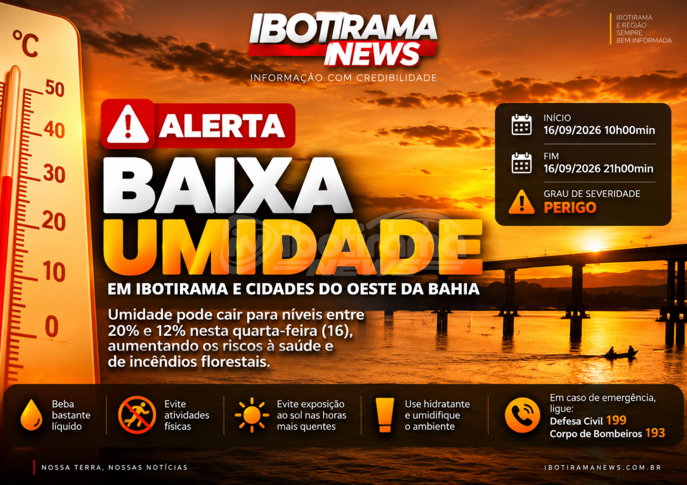 INMET emite alerta de perigo para baixa umidade em Ibotirama e cidades do Oeste da Bahia